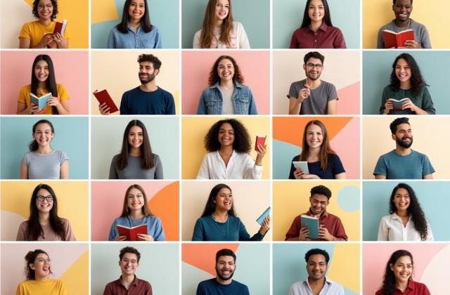 Gruppe von Menschen auf Bildschirmen in einem virtuellen Buchclub diskutiert lebhaft.