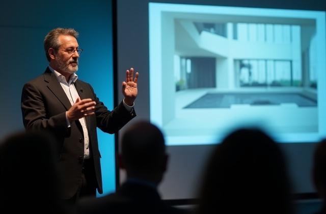 Historischer Entwurf eines Bauhaus-Möbelstücks wird auf einer Leinwand im Hintergrund gezeigt, ein Redner präsentiert vor Publikum.